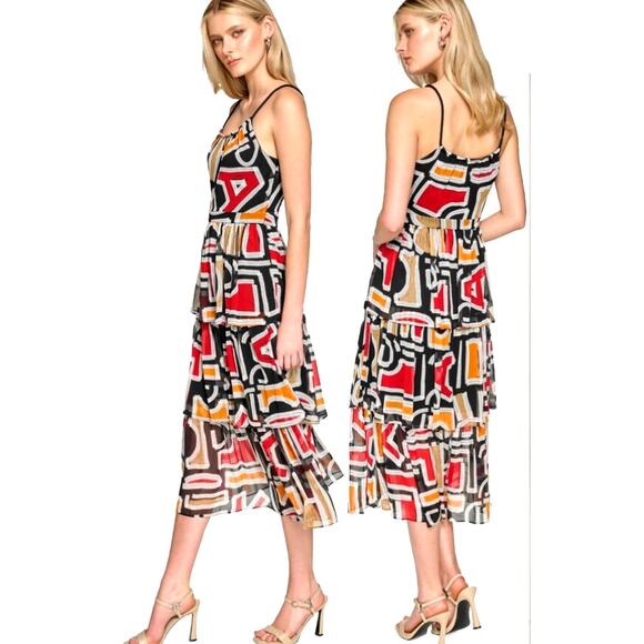 Karl Lagerfeld Printed Chiffon Ruffle Tiered Skirt Midi Dress | sz 8, Black Red - Picture 1 of 5